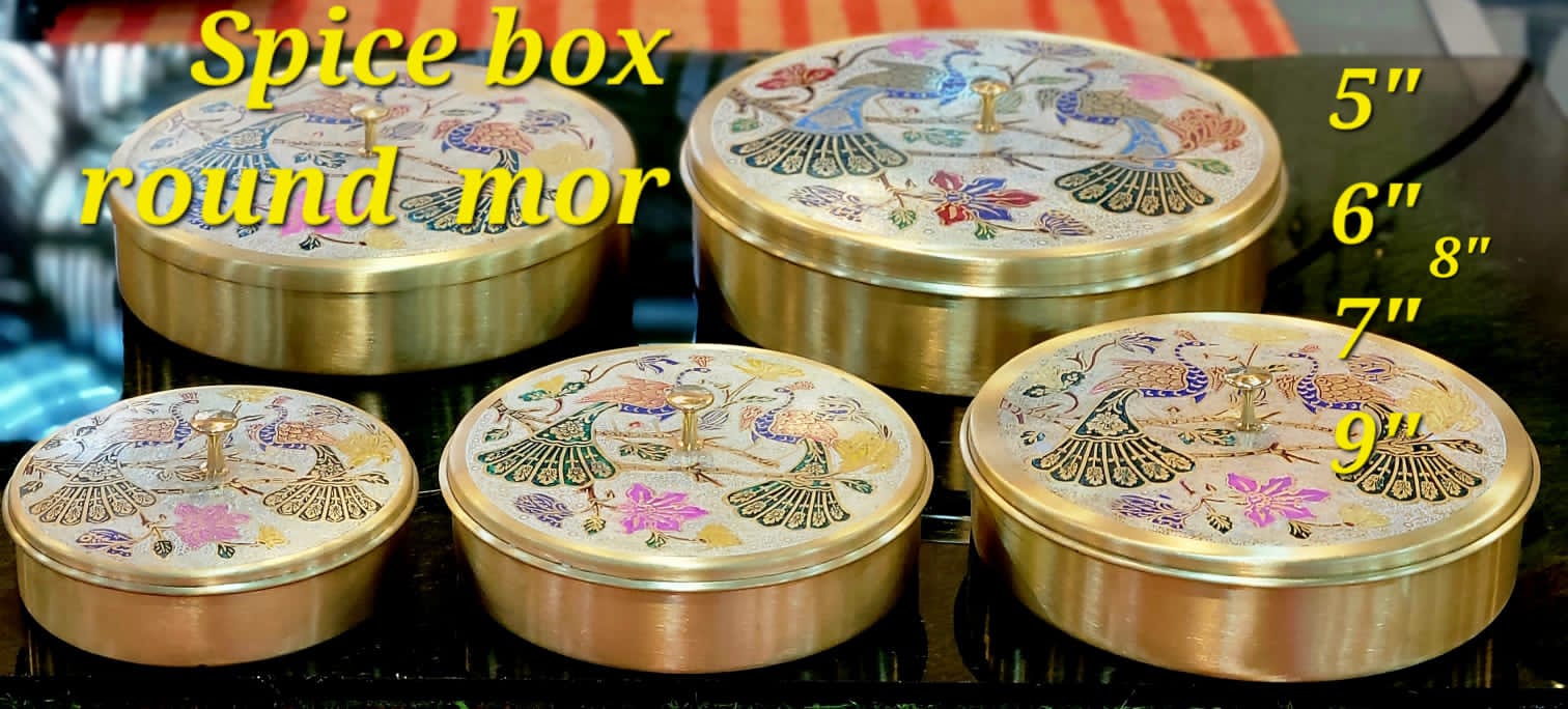 Handcrafted Brass Spice Box Round Peacock Design